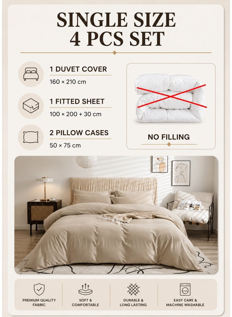LUNA Home Single Size 4 Pieces Bedding Set Washable Cotton Plain Beige - Image 2