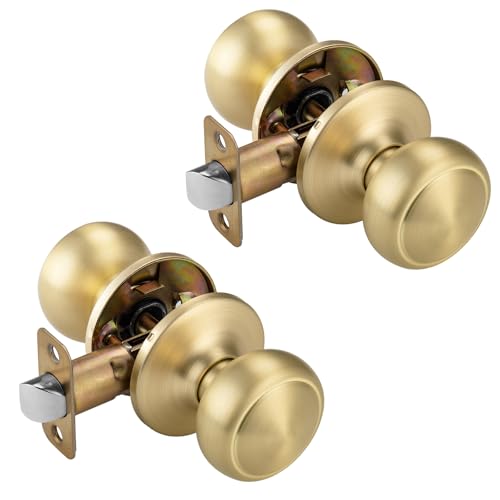 NCSEN 2 Pack Satin Brass Door Knob Coastal Style Gold Interior Door Knob for Hall and Closet Non Locking Door Handle - Image 1