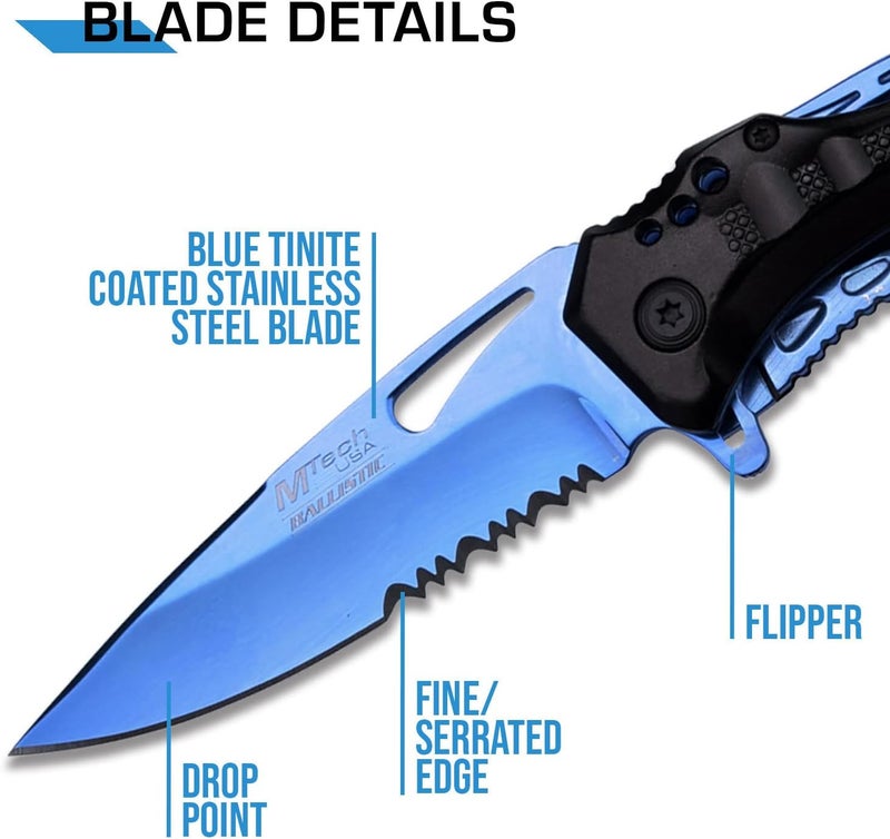 MTECH USA Folding Knife, 3.75-Inch Half-Serrated Blade, Titanium Coating, Glass Breaker, Pocket Clip - Image 3