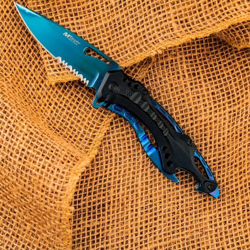 MTECH USA Folding Knife, 3.75-Inch Half-Serrated Blade, Titanium Coating, Glass Breaker, Pocket Clip - Image 5