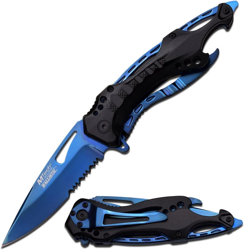 MTECH USA Folding Knife, 3.75-Inch Half-Serrated Blade, Titanium Coating, Glass Breaker, Pocket Clip - Image 1