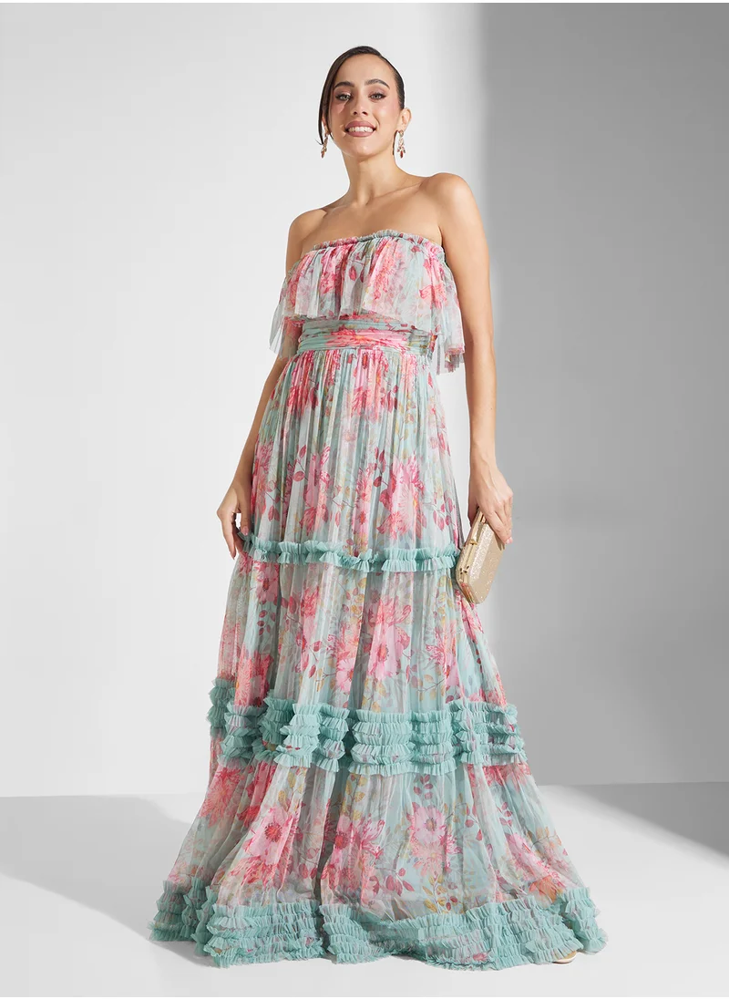 Lace and Beads Strappy Floral Print Tiered Maxi Dress