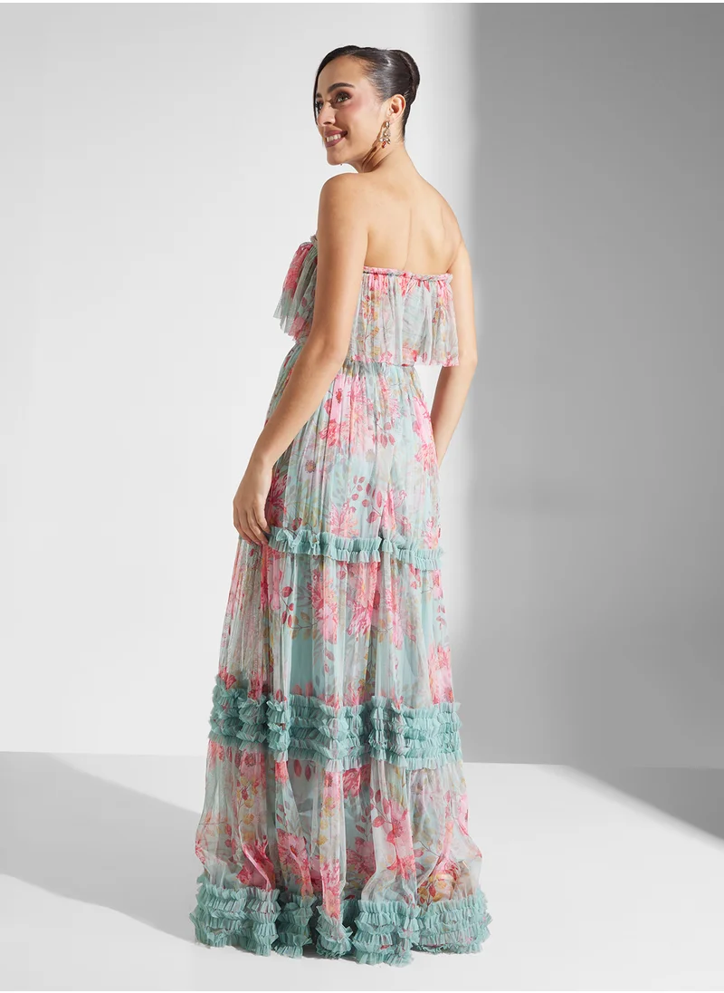 Lace and Beads Strappy Floral Print Tiered Maxi Dress