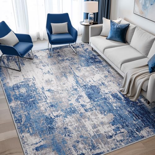RELEANY Washable Area Rugs 6'x9' Non-Slip Modern Abstract Soft for Living Room Entryway Bedroom Nursery, Print Pattern, Blue Grey Navy Gray - Image 1