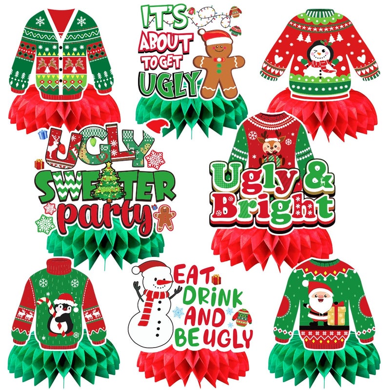 JULMELON 8PCS Ugly Sweater Party Decorations Honeycomb Centerpieces Ugly Sweater Christmas Party Centerpieces for Tables Ugly Sweater Table Decor 3D Table Toppers for Christmas Winter Party Supplies - Image 3