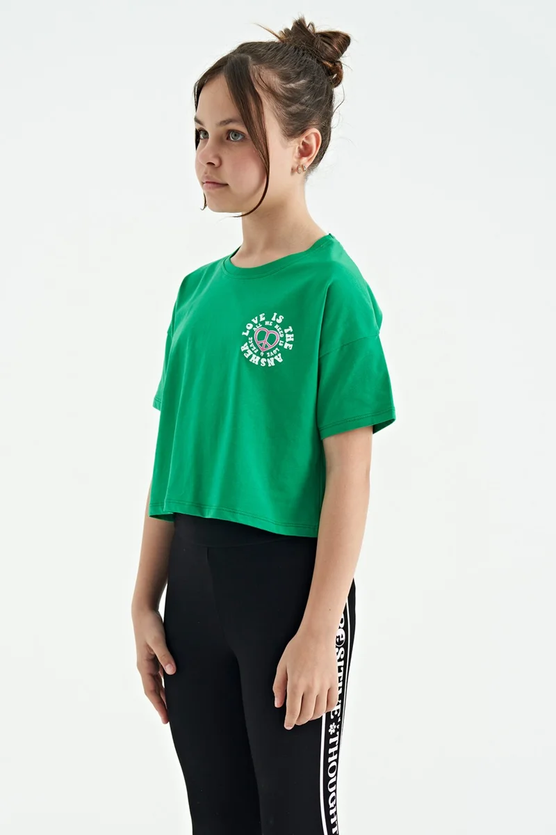 Tommy Life Green Front Back Printed O Neck Low Shoulder Oversize Short Sleeve Girls T-Shirt - 75126