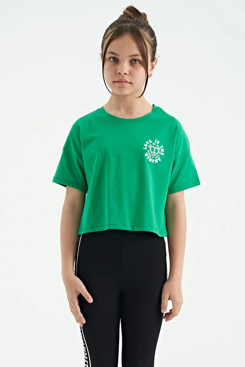 Tommy Life Green Front Back Printed O Neck Low Shoulder Oversize Short Sleeve Girls T-Shirt - 75126