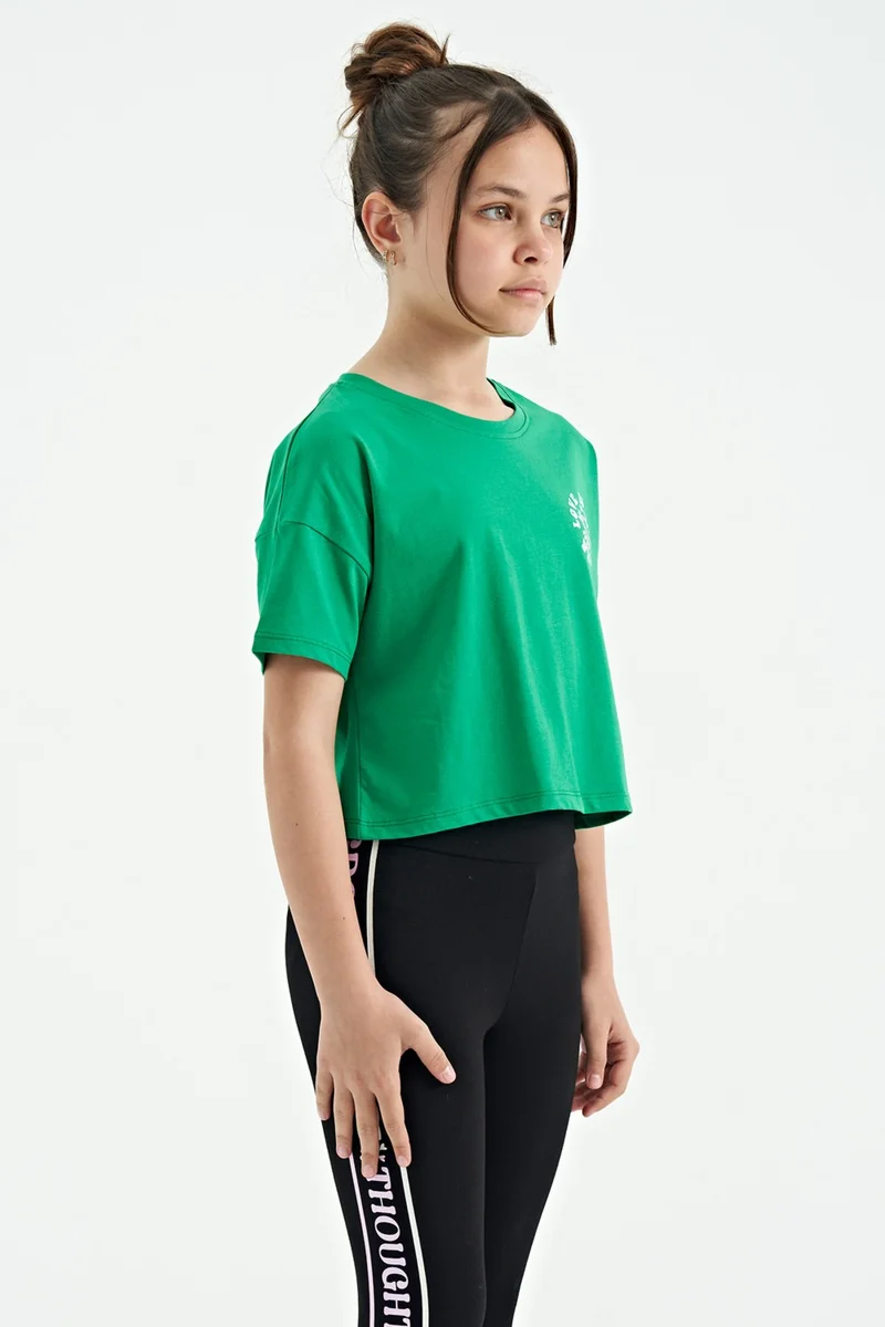 Tommy Life Green Front Back Printed O Neck Low Shoulder Oversize Short Sleeve Girls T-Shirt - 75126