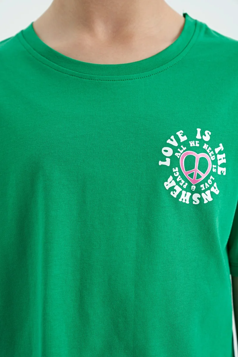 Tommy Life Green Front Back Printed O Neck Low Shoulder Oversize Short Sleeve Girls T-Shirt - 75126