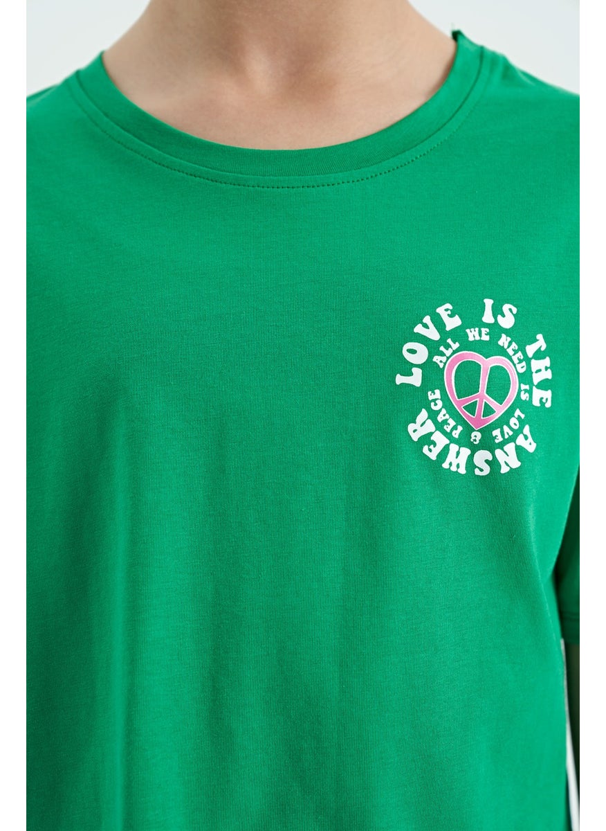 Tommy Life - Green Front Back Printed O Neck Low Shoulder Oversize Short Sleeve Girls T-Shirt - 75126 - Image 1