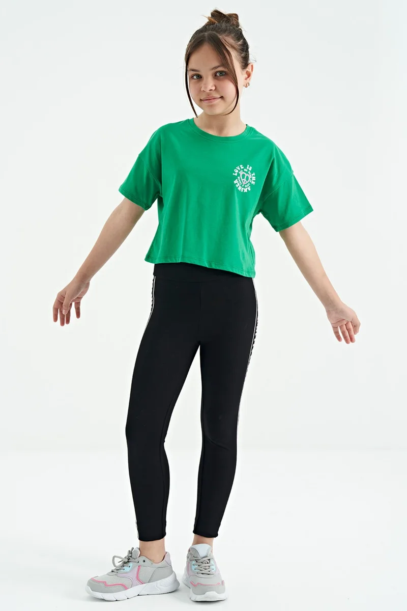 Tommy Life Green Front Back Printed O Neck Low Shoulder Oversize Short Sleeve Girls T-Shirt - 75126