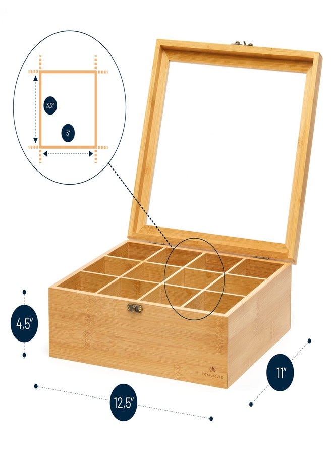 RoyalHouse Big Natural Bamboo Tea Storage Organizer with Clear Acrylic Top Window, 12 Compartments Eco-Friendly Tea Bag Holder, Multi-Functional Storage Box - Image 3