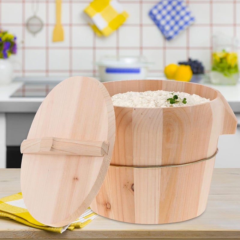 Japanese Rice Cooker Handmade Rice Steamer Bucket 21cm Wood Cooking Steamer Bamboo Steamer with Lid Rice Cooker Natural Wood Kitchenware for Asian Food Cereal Containers - Image 2