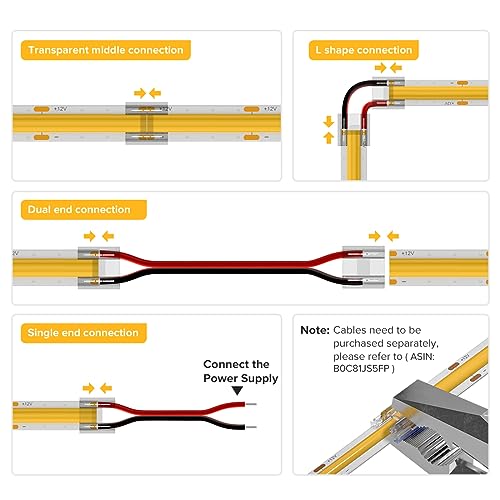 BTF-LIGHTING FCOB COB 50pcs 8mm 0.31in Transparent Connector Support FCOB 8mm Width 2 pin v+ v- Single Color LED Strip Corner Connection Only Adapted for 20AWG Wire(No Wires in The Packaging) - Image 5