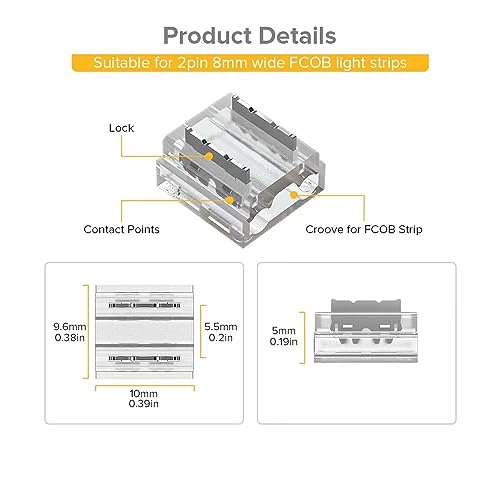 BTF-LIGHTING FCOB COB 50pcs 8mm 0.31in Transparent Connector Support FCOB 8mm Width 2 pin v+ v- Single Color LED Strip Corner Connection Only Adapted for 20AWG Wire(No Wires in The Packaging) - Image 2