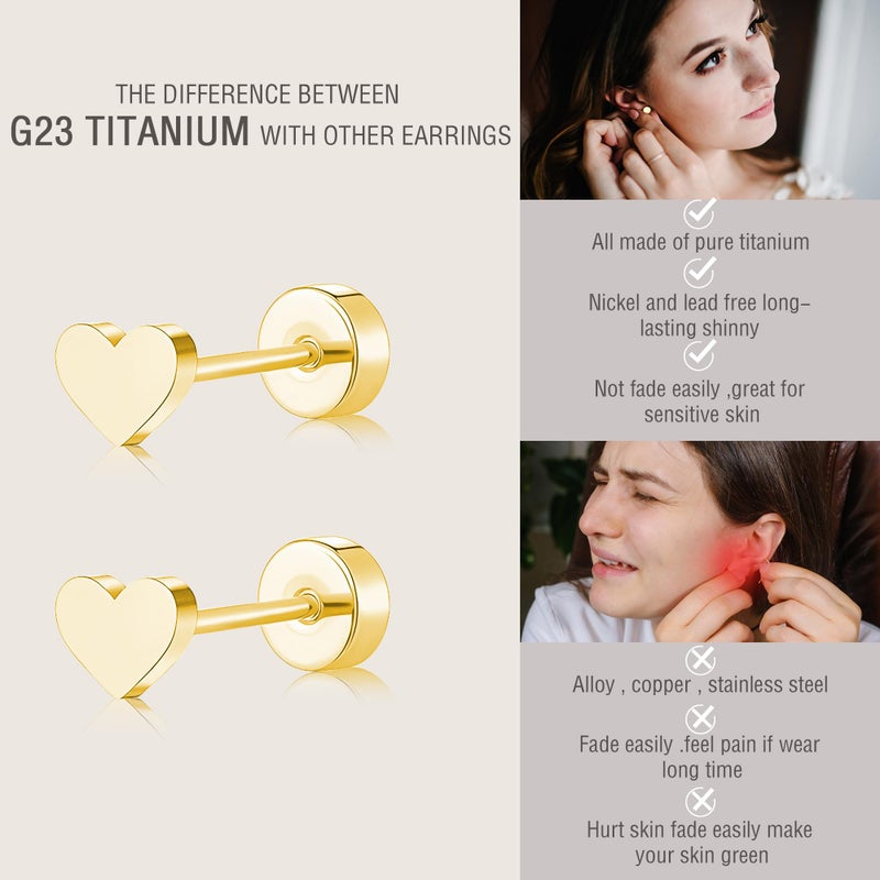 ZDE Women Earrings Flat Back Heart Earrings Men Titanium Hypoallergenic Non-Nickel Cartilage Earrings Studs for Sensitive Ears Simple Classic 5mm Tiny Gold Screw On Stud Earrings - Image 4