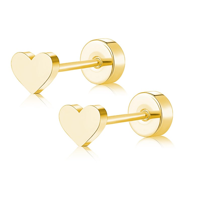 ZDE Women Earrings Flat Back Heart Earrings Men Titanium Hypoallergenic Non-Nickel Cartilage Earrings Studs for Sensitive Ears Simple Classic 5mm Tiny Gold Screw On Stud Earrings - Image 1