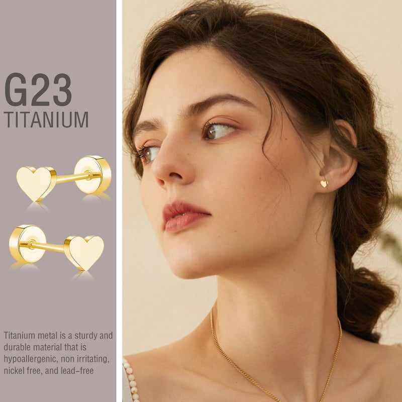 ZDE Women Earrings Flat Back Heart Earrings Men Titanium Hypoallergenic Non-Nickel Cartilage Earrings Studs for Sensitive Ears Simple Classic 5mm Tiny Gold Screw On Stud Earrings - Image 3
