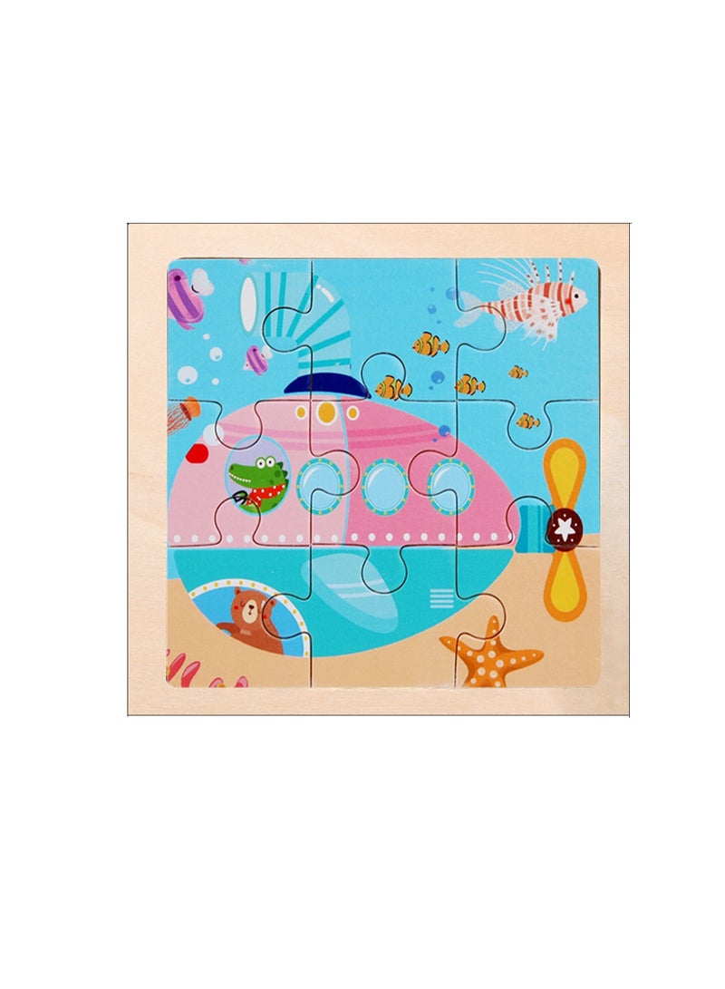 أحجية الصور المقطوعة الخشبية التعليمية للأطفال على شكل غواصة كرتونية مناسبة كحقيبة هدايا - Image 1