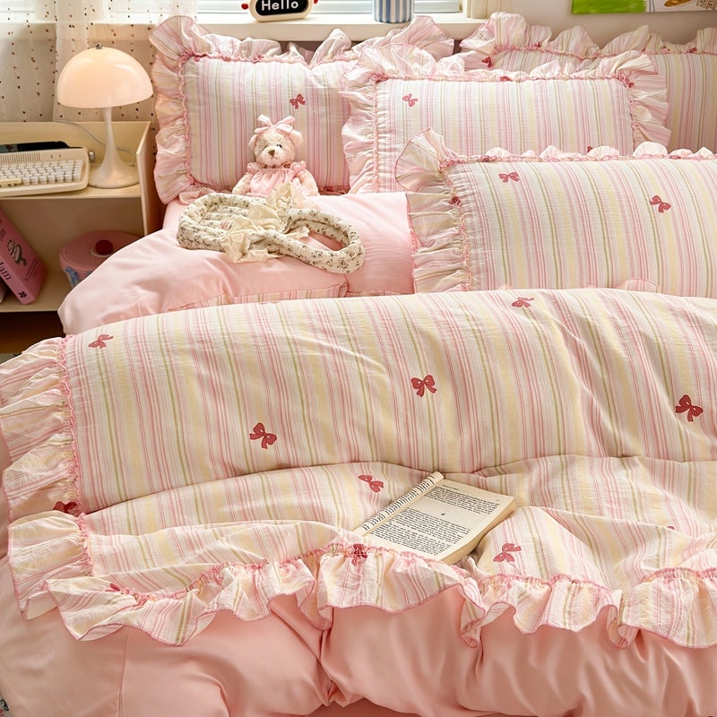 3pcs Pink Bow Ruffles Extra Soft Bedding Set | Queen Size Duvet Cover 228.6x228.6 cm with Zipper Closure & 2 Pillow Shams, Polyester, Machine Washable - Image 3