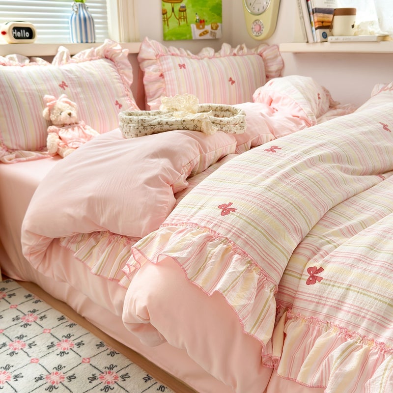 3pcs Pink Bow Ruffles Extra Soft Bedding Set | Queen Size Duvet Cover 228.6x228.6 cm with Zipper Closure & 2 Pillow Shams, Polyester, Machine Washable - Image 4