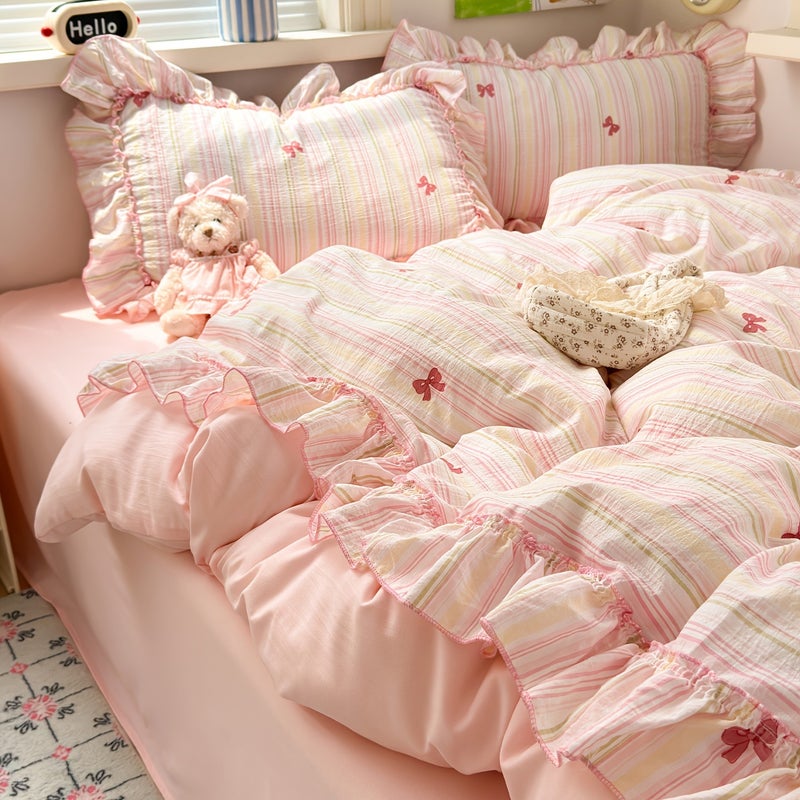 3pcs Pink Bow Ruffles Extra Soft Bedding Set | Queen Size Duvet Cover 228.6x228.6 cm with Zipper Closure & 2 Pillow Shams, Polyester, Machine Washable - Image 2