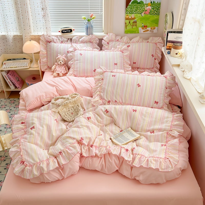 3pcs Pink Bow Ruffles Extra Soft Bedding Set | Queen Size Duvet Cover 228.6x228.6 cm with Zipper Closure & 2 Pillow Shams, Polyester, Machine Washable - Image 5
