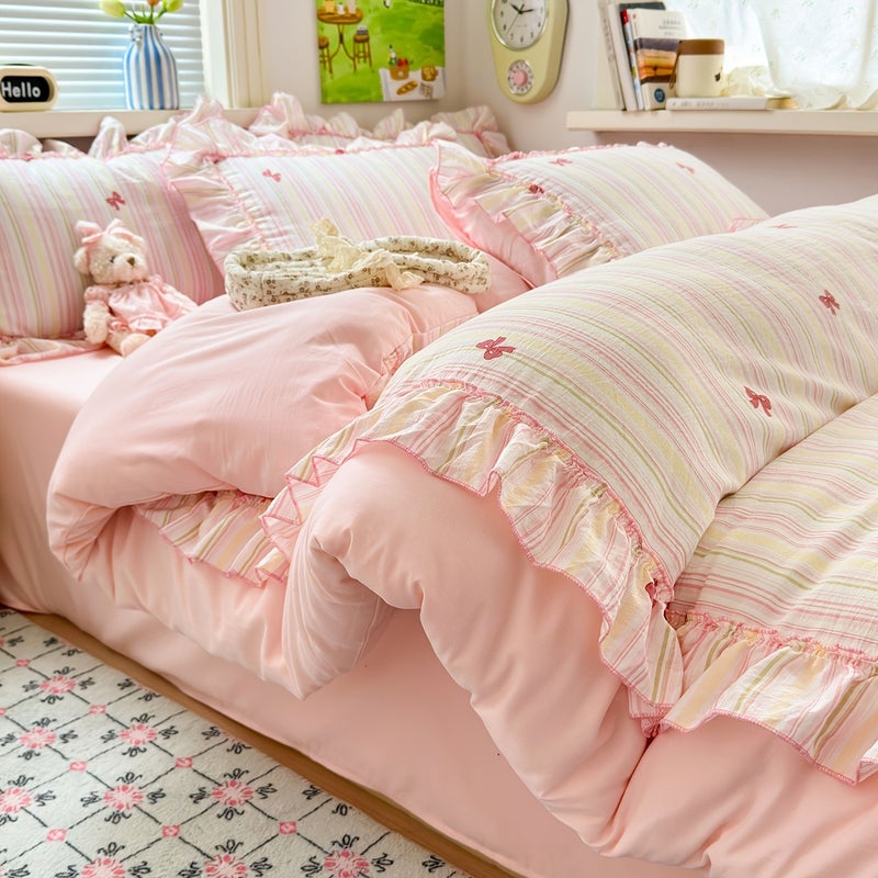 3pcs Pink Bow Ruffles Extra Soft Bedding Set | Queen Size Duvet Cover 228.6x228.6 cm with Zipper Closure & 2 Pillow Shams, Polyester, Machine Washable - Image 1