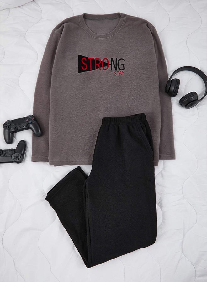 trendyol Anthracite Regular Cut Embroidered Fleece/Winter Pajama Set - Image 1