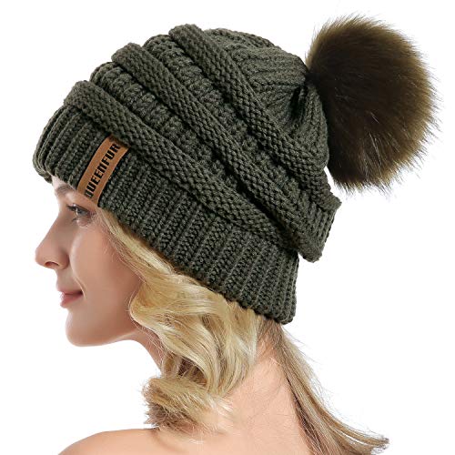 QUEENFUR Women Knit Slouchy Beanie Chunky Baggy Hat with Faux Fur Pompom Winter Soft Warm Ski Cap - Image 1