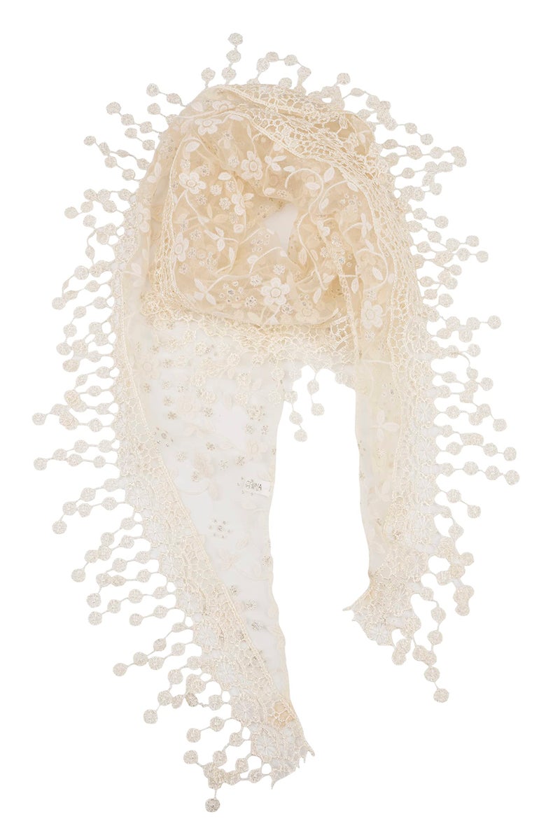 YOUR SMILE Lightweight Soft Leaf Lace Fringes Triangular Floral Fashion Towel Scarf Wrap for Women (Beige) - Image 1