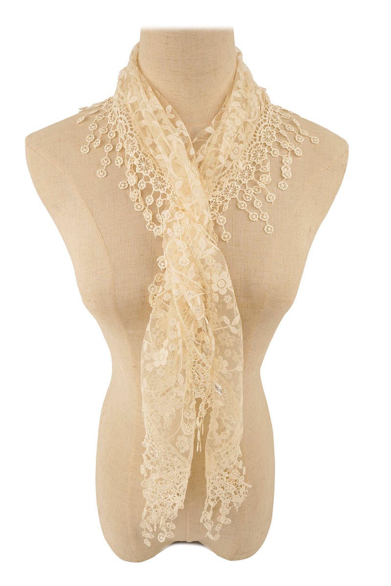 YOUR SMILE Lightweight Soft Leaf Lace Fringes Triangular Floral Fashion Towel Scarf Wrap for Women (Beige) - Image 3