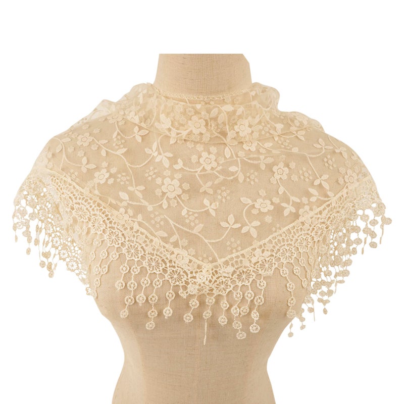 YOUR SMILE Lightweight Soft Leaf Lace Fringes Triangular Floral Fashion Towel Scarf Wrap for Women (Beige) - Image 2