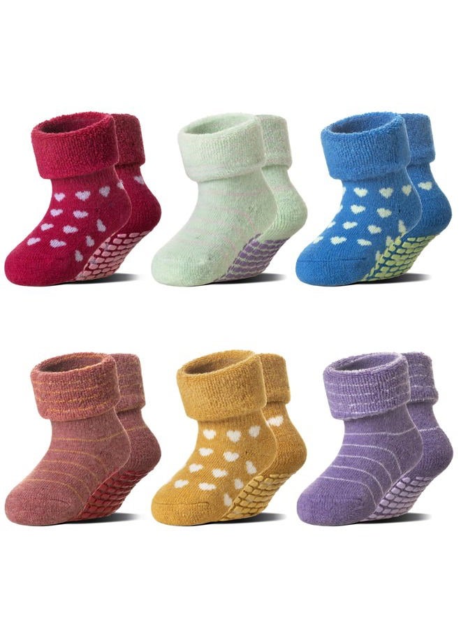Eocom 6 Pairs Baby Boy Girl Non Slip Socks Child Toddler Winter Thick Soft Wool Kids Warm Socks with Grips(Stripe/Heart, 0-12 Months) - Image 1