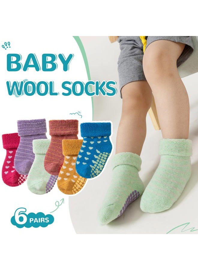 Eocom 6 Pairs Baby Boy Girl Non Slip Socks Child Toddler Winter Thick Soft Wool Kids Warm Socks with Grips(Stripe/Heart, 0-12 Months) - Image 2