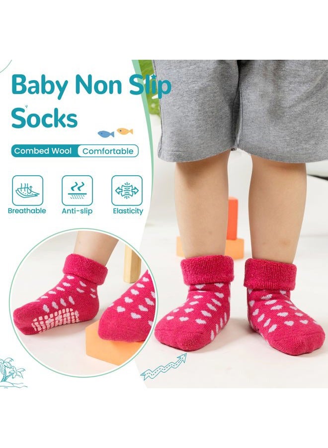 Eocom 6 Pairs Baby Boy Girl Non Slip Socks Child Toddler Winter Thick Soft Wool Kids Warm Socks with Grips(Stripe/Heart, 0-12 Months) - Image 3