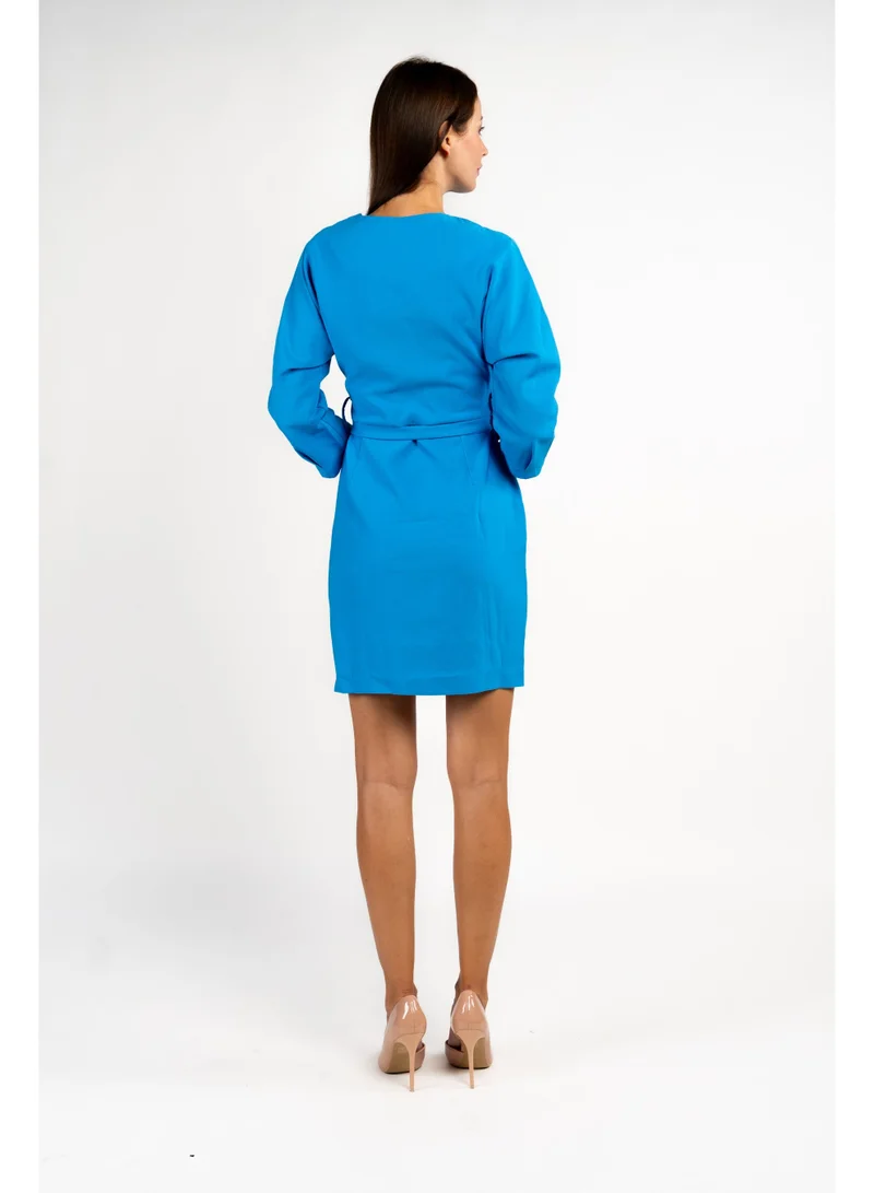 فاشونارا Long Sleeved Turquoise Blue Short Dress