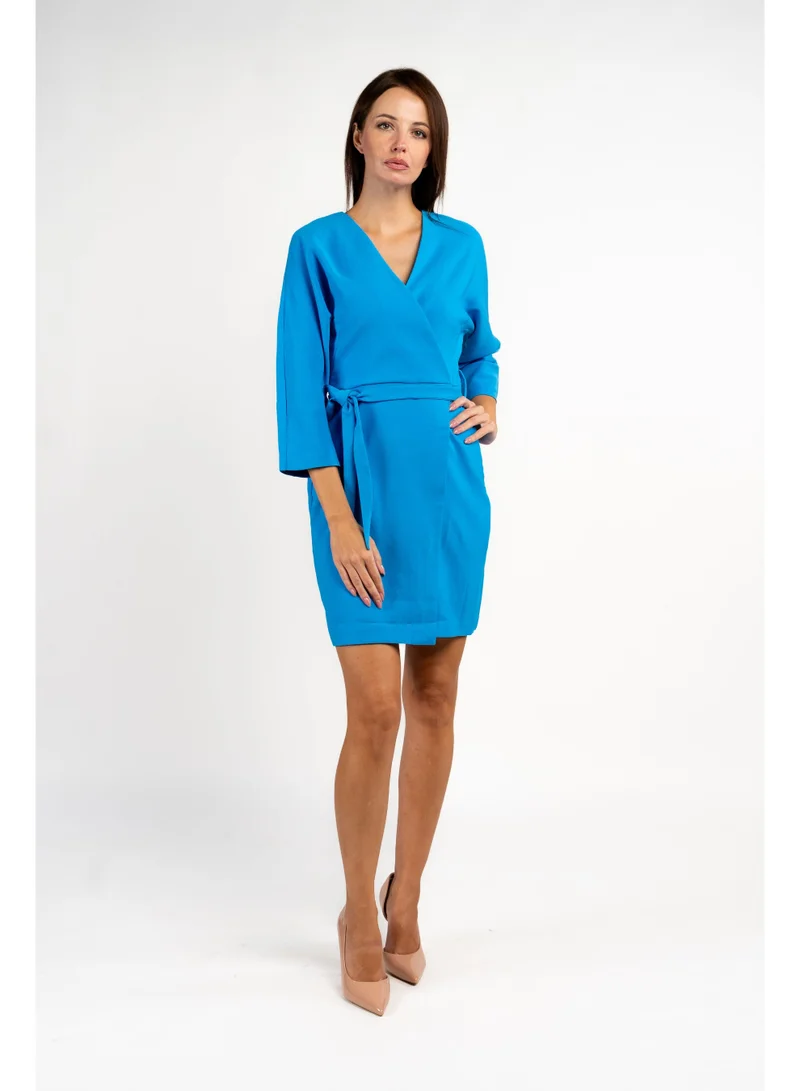 فاشونارا Long Sleeved Turquoise Blue Short Dress