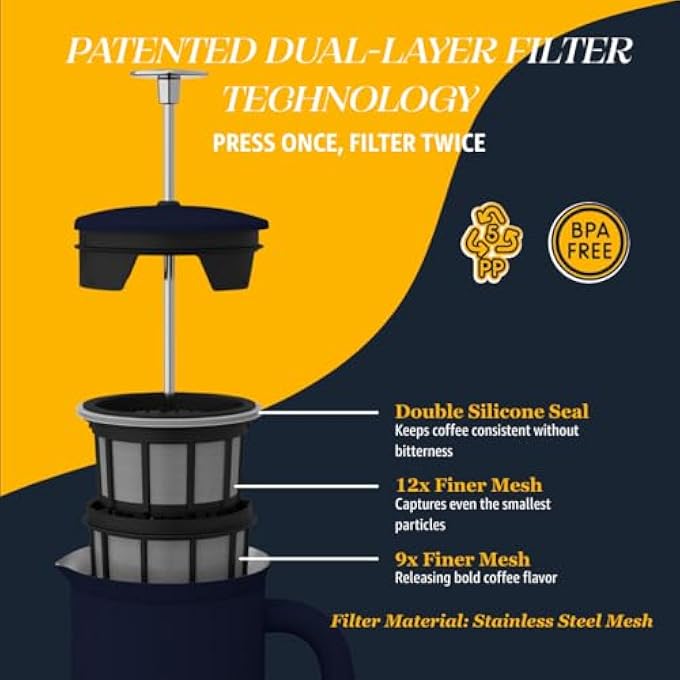 إسبرو ماكينة تحضير القهوة والشاي P7 الفرنسية ذات الجدار المزدوج المصنوعة من الفولاذ المقاوم للصدأ مع فلتر دقيق للحفاظ على المشروبات ساخنة لفترة أطول، مثالية للمنزل، أزرق إيجي، 18 أونصة - Image 3