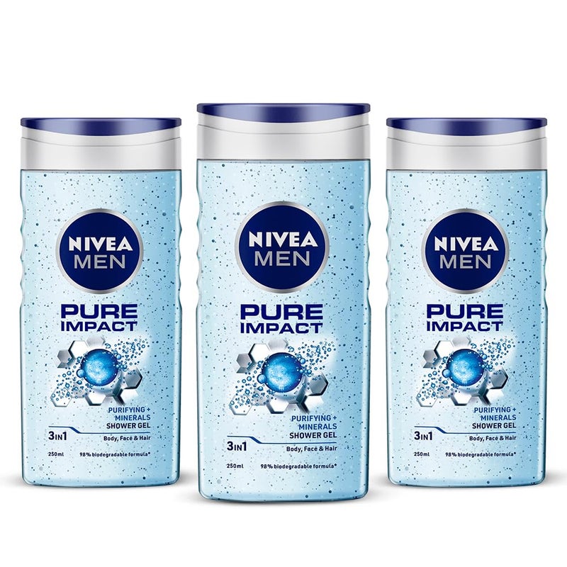 Nivea Men Body Wash, Pure Impact With Purifying Micro Particles, Shower Gel For Body, Face & Hair, 250ml (Pack of 3) - Image 1