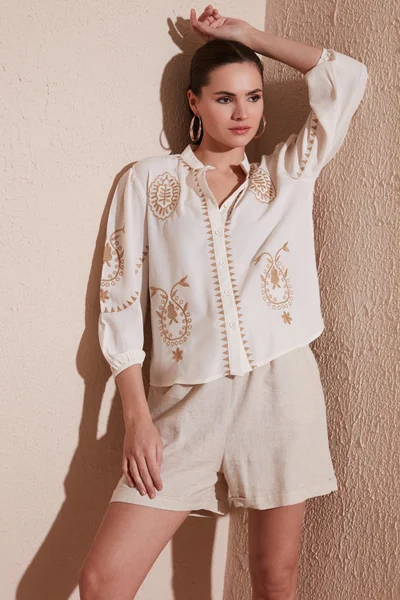 Lela Embroidered Three Quarter Sleeve Judge Collar Cotton Şile Cloth Shirt Women's Shirt 611BZ004410