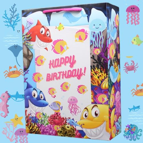 TASCHE SEA Theme Birthday Design Paper Gift Bags for Return Gifts| Birthday | Holiday Presents (Pack Of 9 11x8x3 Inches) - Image 1