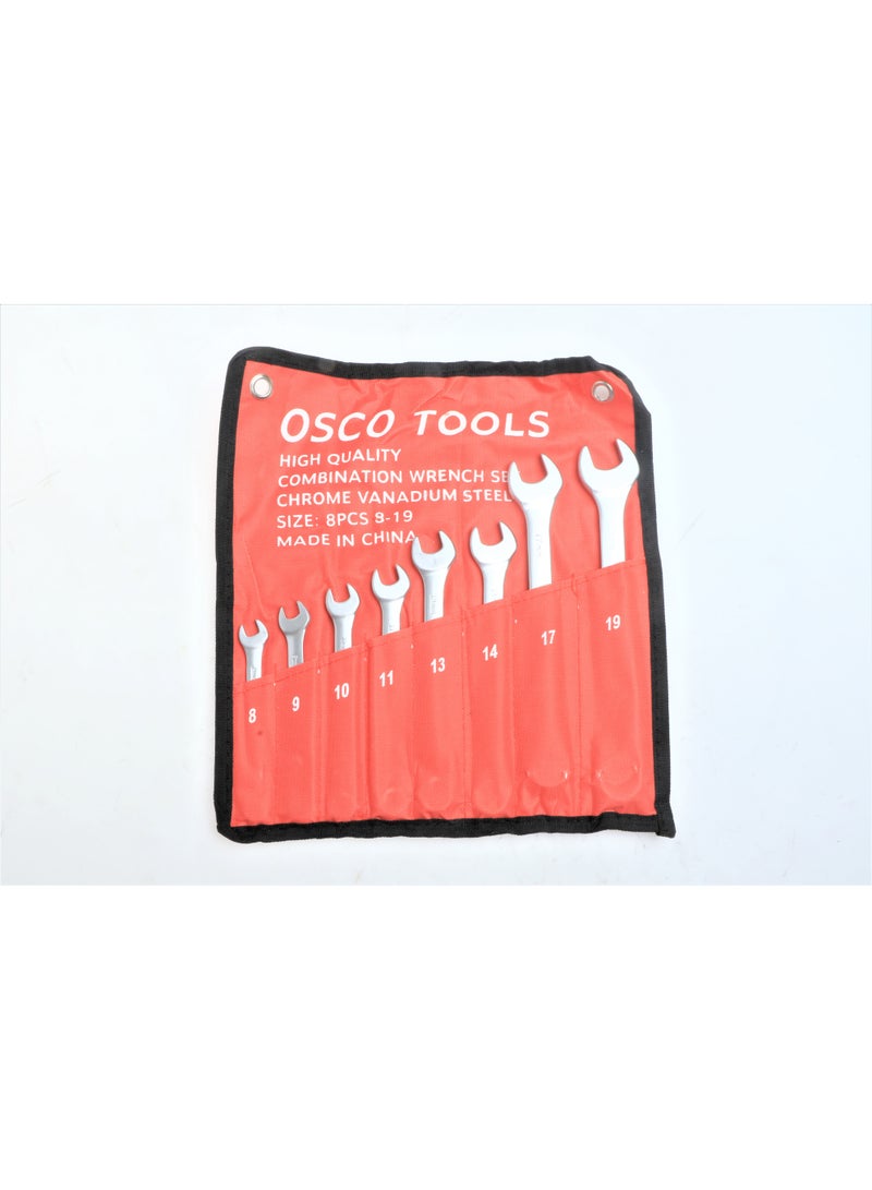 Osco Combination Wrench Set – 8 Pieces, sizes from 8mm to 19mm, is designed as a practical and essential tool for both professionals and DIY users; crafted from high-quality, rust- and corrosion-resistant material, it delivers strength and stability for all fastening tasks. - Image 1