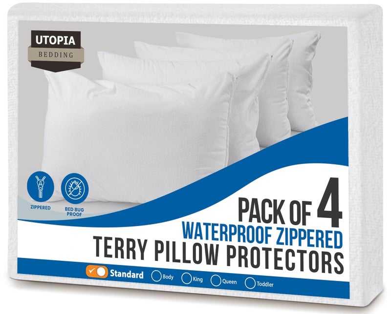 Utopia Bedding Set of 4 Waterproof Pillow Protectors with Zipper Standard Size, Terry Pillow Covers, Bed Bug and Dust Mite Proof Pillow Cases - Image 1