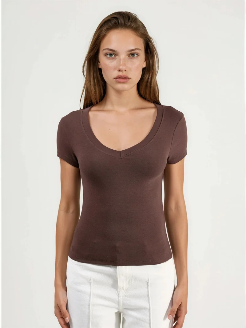 Busem Coffee Brown BUSEM Elastic V-Neck Short Sleeve T-Shirt for Women | Best Price UAE