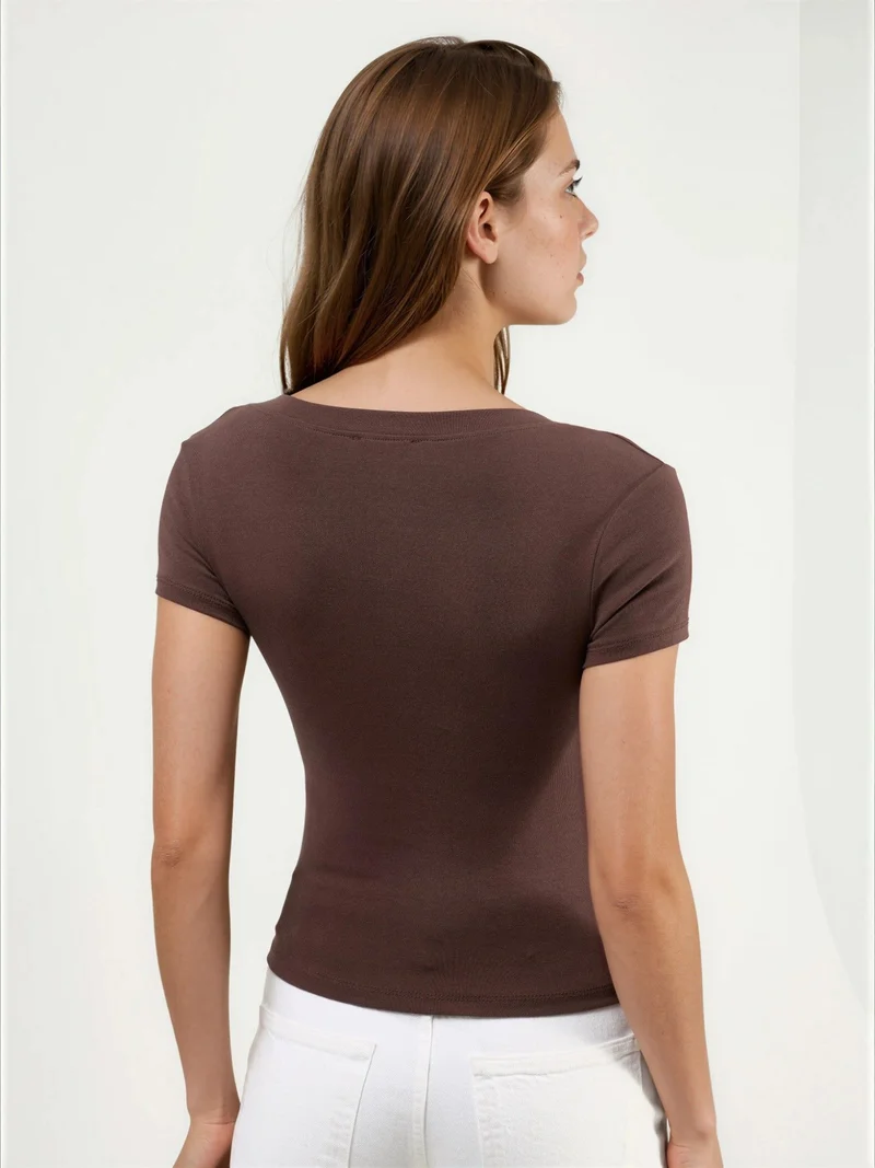 Busem Coffee Brown BUSEM Elastic V-Neck Short Sleeve T-Shirt for Women | Best Price UAE