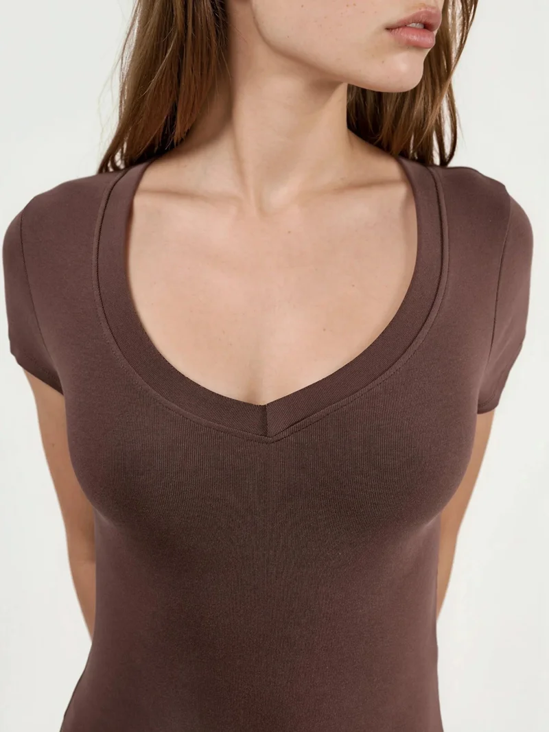 Busem Coffee Brown BUSEM Elastic V-Neck Short Sleeve T-Shirt for Women | Best Price UAE
