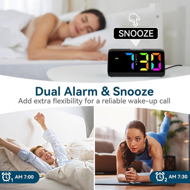 Netzu Loud Alarm Clock for Heavy Sleepers, RGB Alarm Clocks for Bedrooms Seniors Kids, Plug in Digital Clock with 5 Dimmers, 2 Alarms, 4 Volumes and Snooze - Image 4
