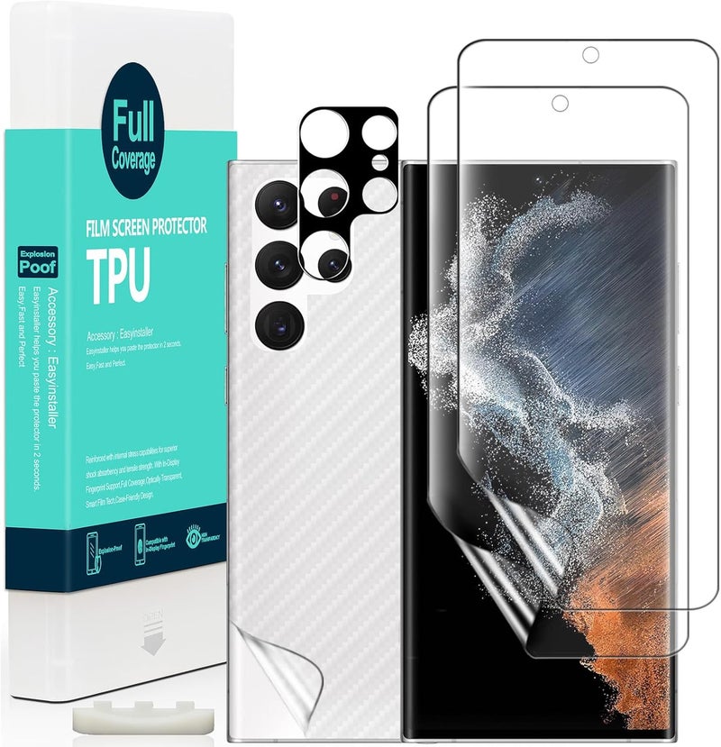 Ibywind [Pack of 2] Samsung Galaxy S22 Ultra 5G Screen protector (6.8 Inch) with Camer lens protector and Back Carbon Fiber Film,Bubble-Free,Smart Film Tech,99% HD Clear,Easy to install - Image 1