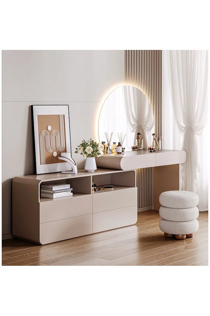 أيه دابليو دي طقم تسريحة عصري بلون كريمي مع مرآة LED مضيئة وكرسي مبطّن – طاولة مكياج بتخزين أدراج ورفوف مفتوحة – تصميم مودرن لغرفة النوم - Image 1
